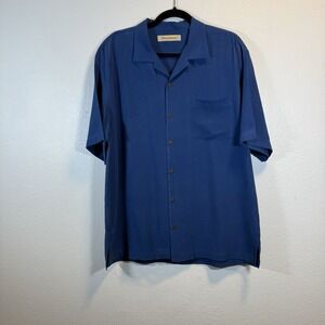 Tommy Bahama Men's Large Ocean Blue Button Down Shirt Short Sleeve 100% Silk